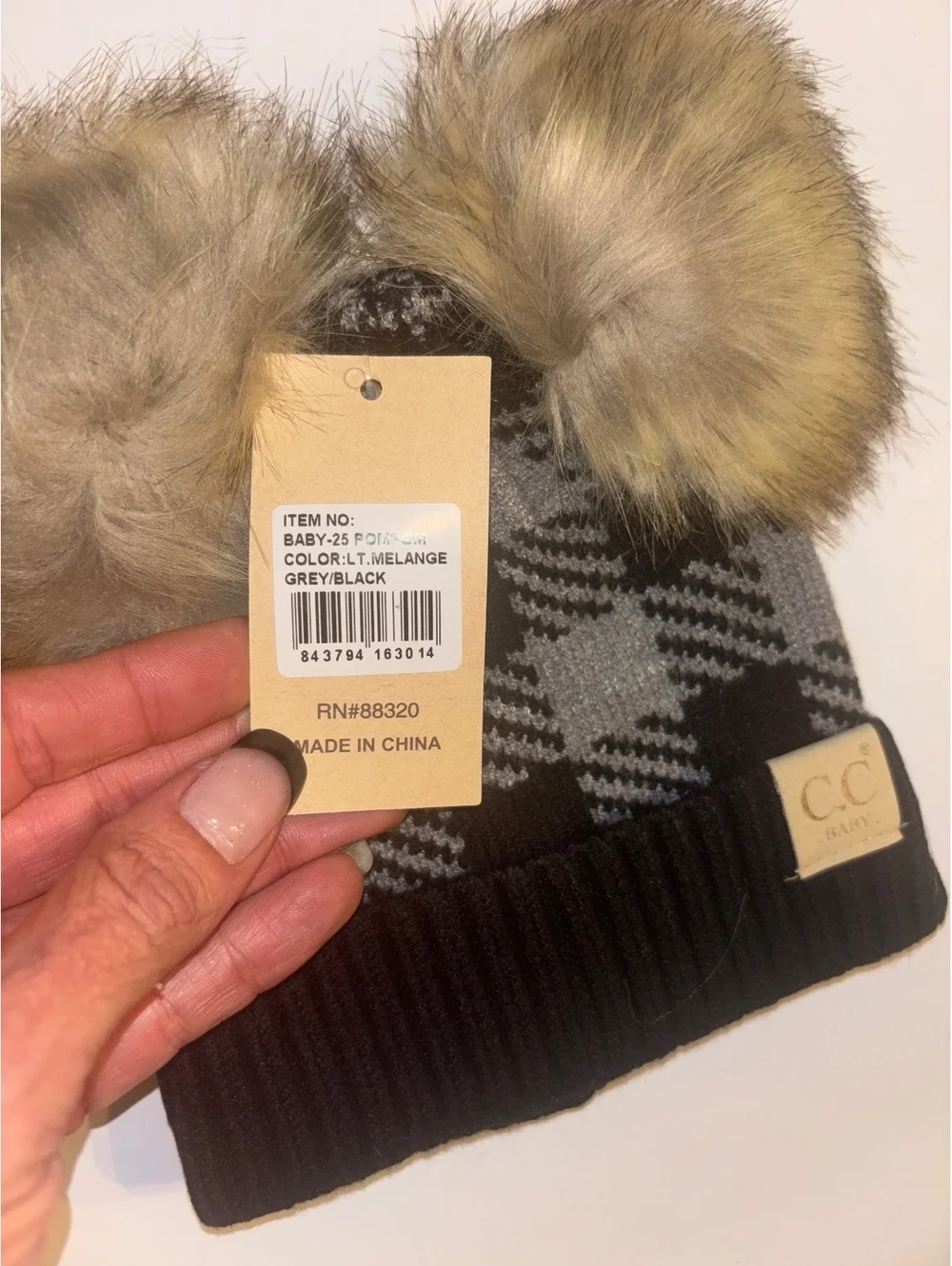 C.C Baby Buffalo Plaid Double Pom Beanie Black Grey NWT Infant Winter Hat